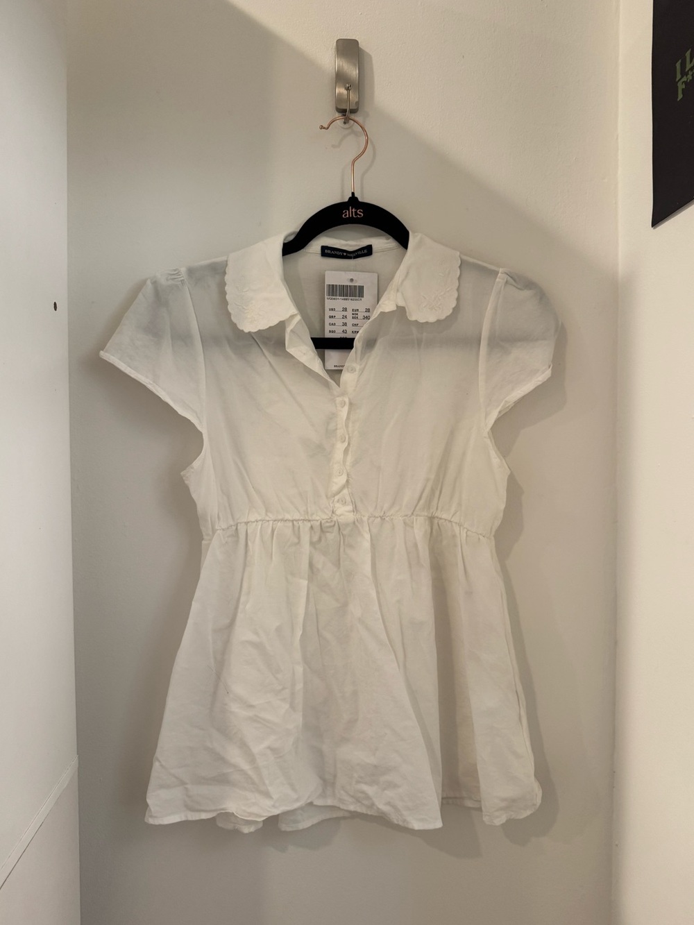 Brandy Melville White Embroidered Collar Babydoll Top